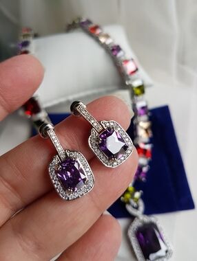 Swarovski Elements Amethyst Purple Emerald-cut Halo Earrings NEW